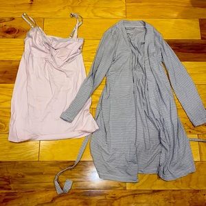 Pink nursing nightgown with matching pink and gray stripe robe. Cotton.